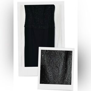 Simon Chang Formal Floor Length Black Sheath Dress With Beaded Bodice Size 12